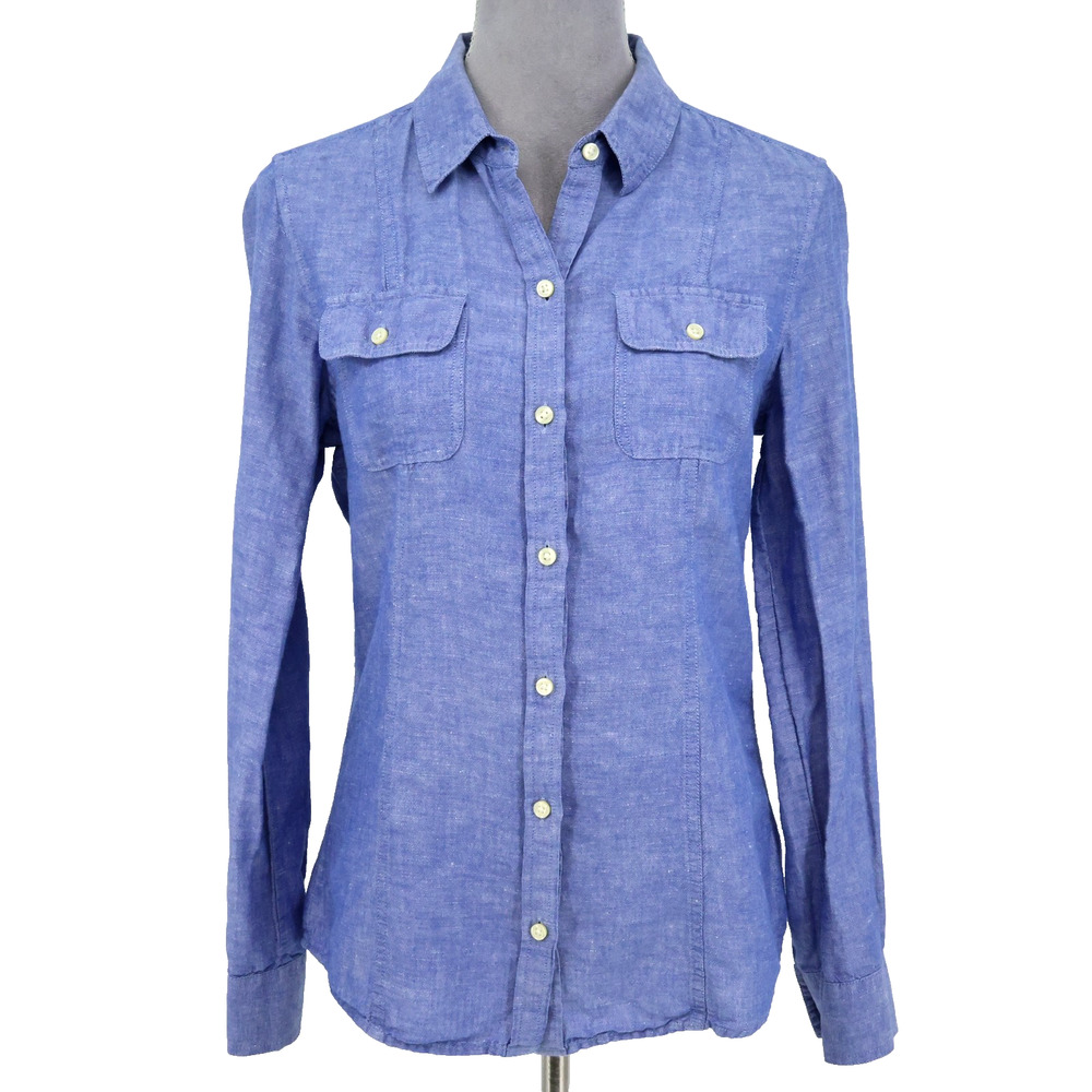 Banana Republic Top Womens 10 Blue Linen Cotton Blend Shirt Blouse Pockets